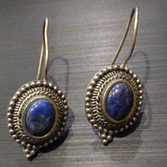 Genuine Semi Precious Stone LAPIS LAZULI Silver Antiqued Pierced Earrings - Picture 1 of 2